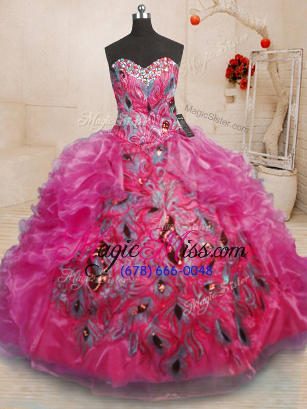 wholesale discount sleeveless organza floor length lace up ball gown prom dress in hot pink for with beading and appliques and ruffles
