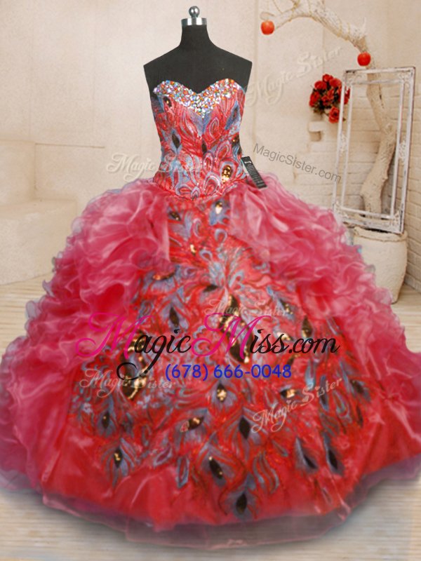 wholesale noble sleeveless floor length beading and appliques and ruffles zipper 15th birthday dress with red