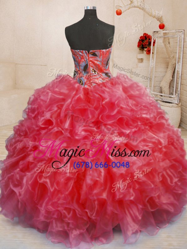 wholesale noble sleeveless floor length beading and appliques and ruffles zipper 15th birthday dress with red
