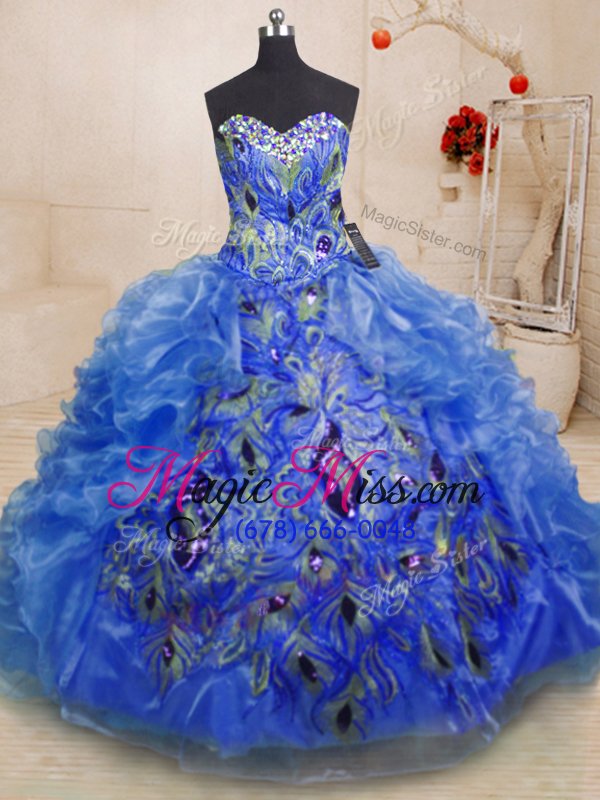 wholesale sexy blue sleeveless floor length beading and appliques and ruffles zipper sweet 16 quinceanera dress