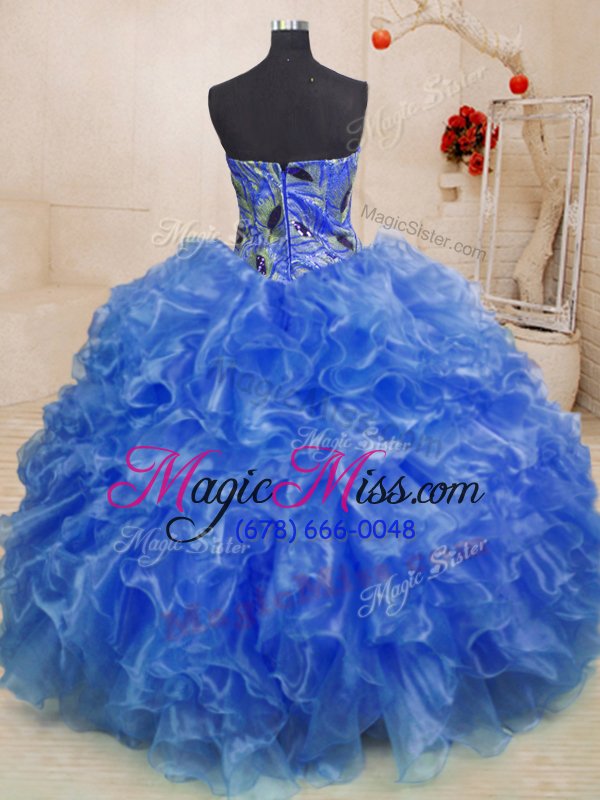 wholesale sexy blue sleeveless floor length beading and appliques and ruffles zipper sweet 16 quinceanera dress