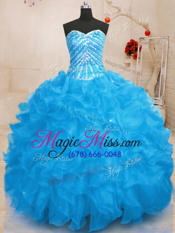 wholesale adorable baby blue lace up quinceanera dresses beading and ruffles and sequins sleeveless floor length
