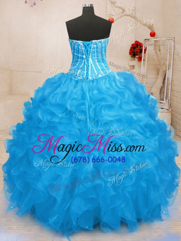 wholesale adorable baby blue lace up quinceanera dresses beading and ruffles and sequins sleeveless floor length