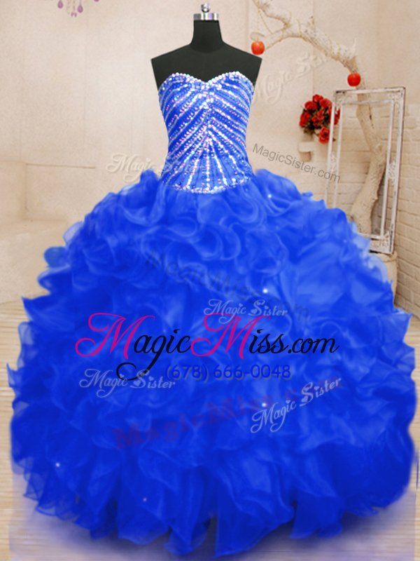wholesale cheap royal blue organza lace up 15 quinceanera dress sleeveless floor length beading and ruffles and sequins