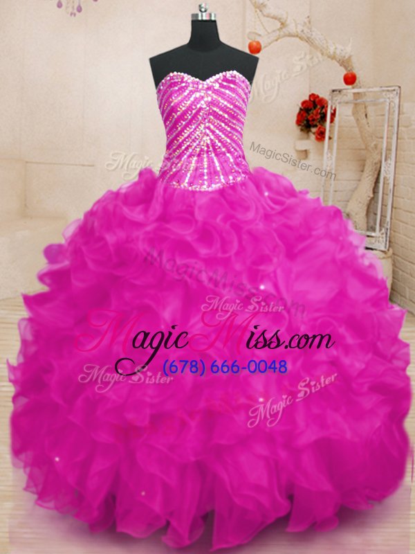 wholesale edgy organza sleeveless floor length quince ball gowns and beading and ruffles and sequins