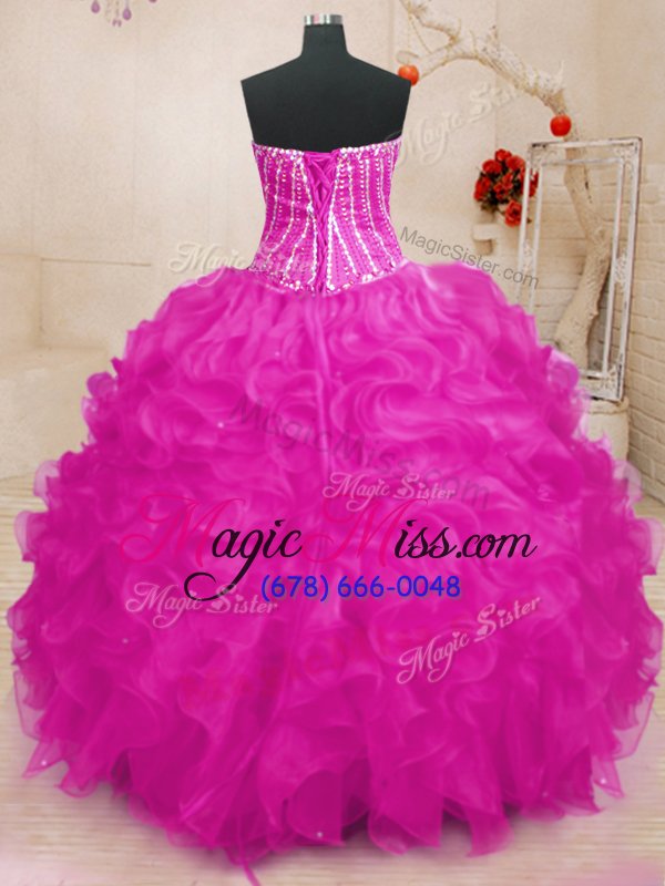wholesale edgy organza sleeveless floor length quince ball gowns and beading and ruffles and sequins