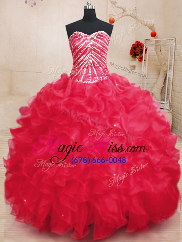 wholesale elegant sleeveless organza floor length lace up ball gown prom dress in coral red for with beading and ruffles and sequins