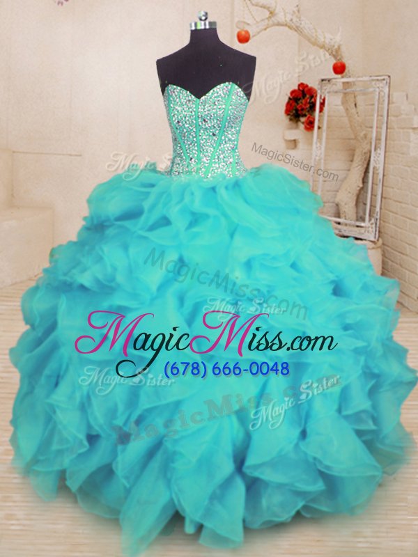 wholesale popular sweetheart sleeveless 15th birthday dress floor length beading and ruffles aqua blue organza