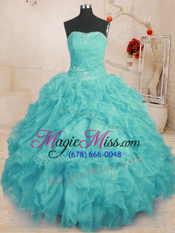 wholesale artistic aqua blue organza lace up strapless sleeveless floor length quinceanera dress beading and ruffles