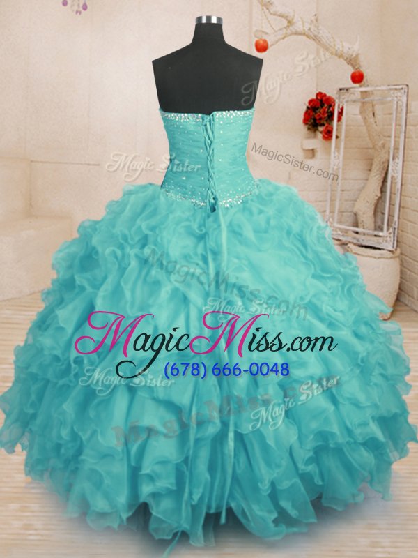 wholesale artistic aqua blue organza lace up strapless sleeveless floor length quinceanera dress beading and ruffles