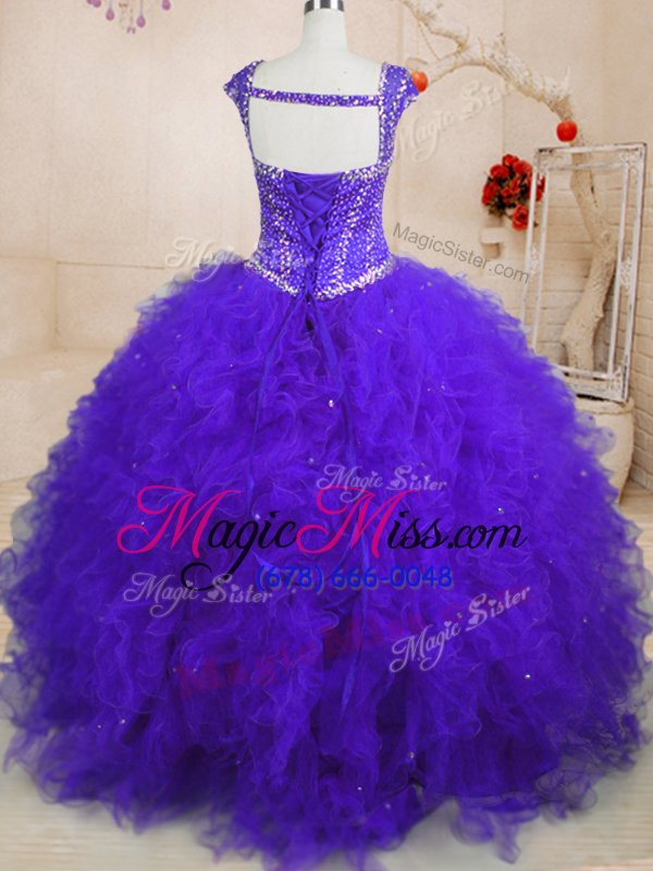wholesale traditional tulle square cap sleeves lace up beading and ruffles and sequins sweet 16 dresses in purple