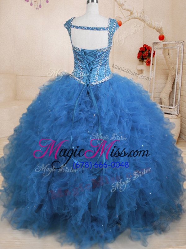 wholesale dynamic teal ball gowns beading and ruffles and sequins quinceanera dresses lace up tulle cap sleeves floor length