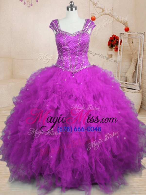 wholesale exceptional purple square neckline beading and ruffles sweet 16 dresses cap sleeves lace up