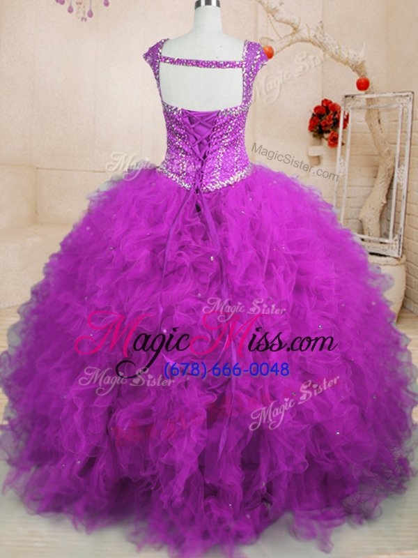 wholesale exceptional purple square neckline beading and ruffles sweet 16 dresses cap sleeves lace up