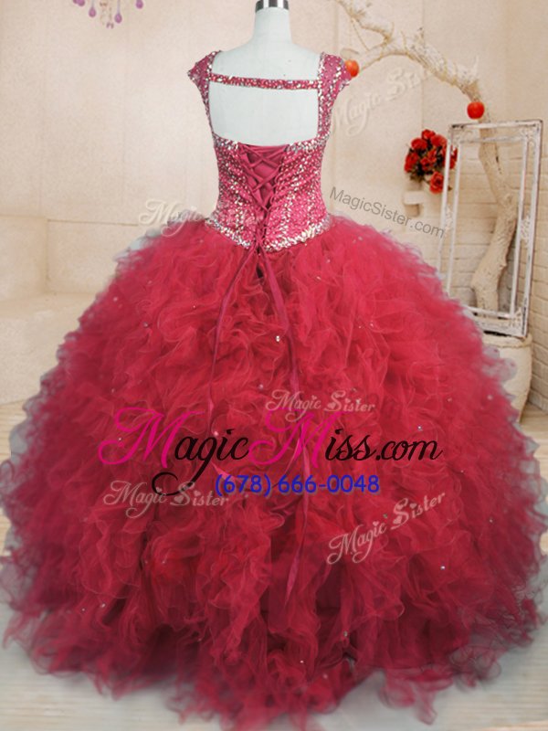 wholesale deluxe square cap sleeves tulle ball gown prom dress beading and ruffles lace up