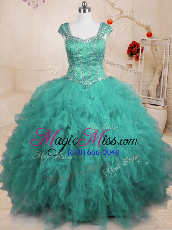 wholesale turquoise square lace up beading and ruffles vestidos de quinceanera cap sleeves