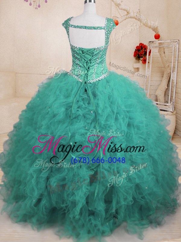 wholesale turquoise square lace up beading and ruffles vestidos de quinceanera cap sleeves