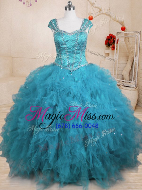wholesale baby blue lace up square beading and ruffles quinceanera gown tulle cap sleeves