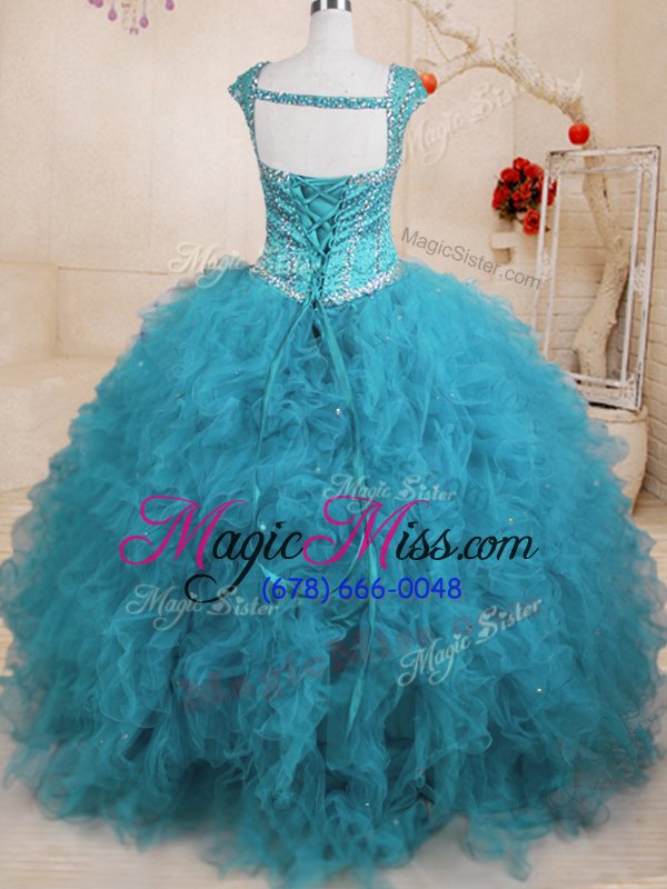 wholesale baby blue lace up square beading and ruffles quinceanera gown tulle cap sleeves
