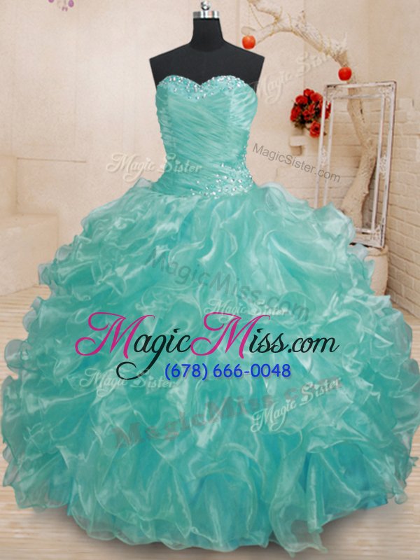 wholesale inexpensive teal lace up sweetheart beading and ruffles 15th birthday dress organza sleeveless