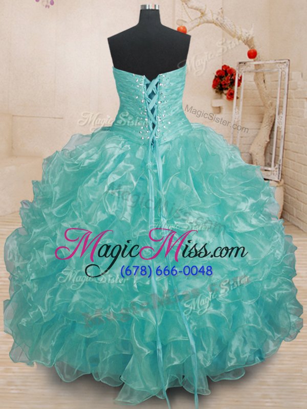 wholesale inexpensive teal lace up sweetheart beading and ruffles 15th birthday dress organza sleeveless