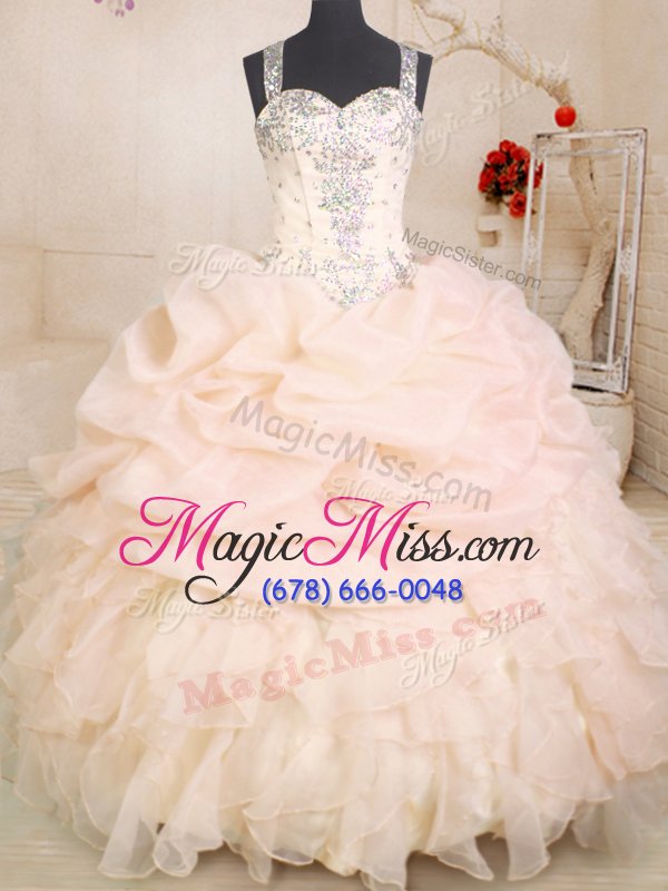 wholesale chic peach quince ball gowns military ball and sweet 16 and quinceanera and for with beading and ruffles and pick ups straps sleeveless zipper