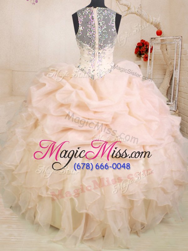 wholesale chic peach quince ball gowns military ball and sweet 16 and quinceanera and for with beading and ruffles and pick ups straps sleeveless zipper