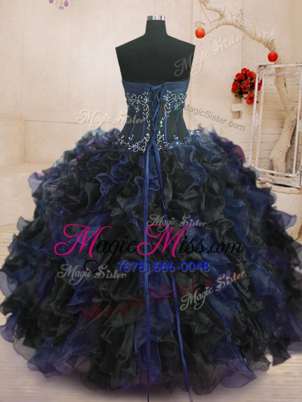 wholesale super floor length lace up 15th birthday dress blue and black and in for military ball and sweet 16 and quinceanera with beading and ruffles