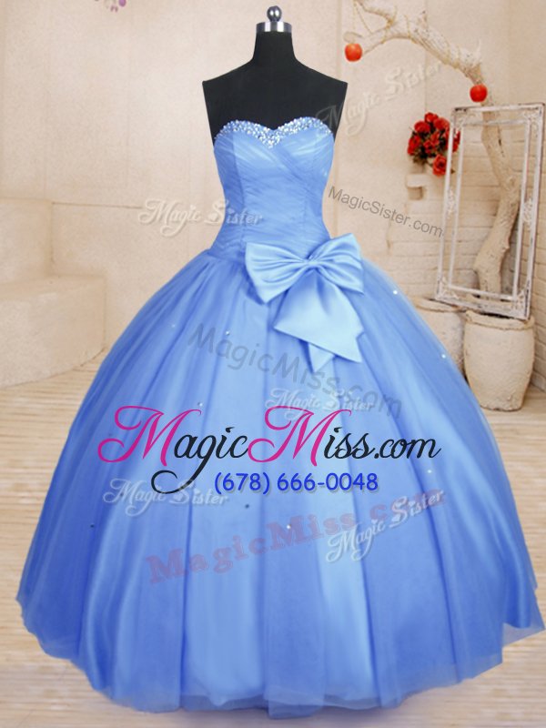 wholesale simple tulle sleeveless floor length sweet 16 dresses and beading and bowknot