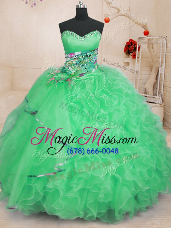 wholesale high quality apple green sleeveless floor length beading and ruffles lace up quince ball gowns