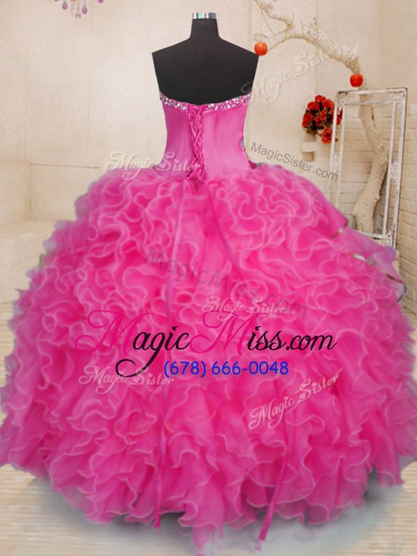 wholesale floor length hot pink 15 quinceanera dress organza sleeveless beading and ruffles