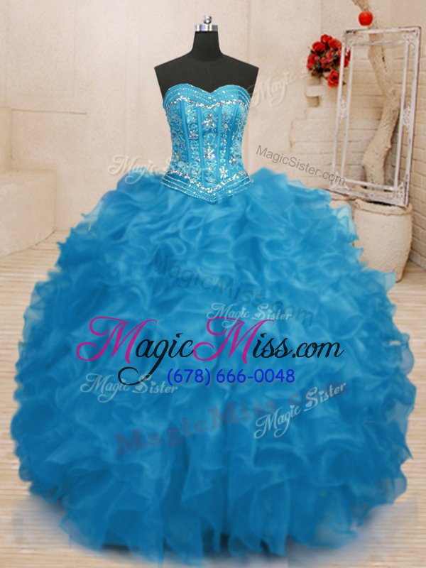 wholesale adorable sleeveless floor length beading and ruffles lace up quinceanera gown with baby blue