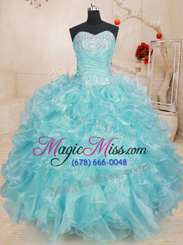 wholesale attractive blue organza lace up quinceanera gowns sleeveless floor length beading and ruffles