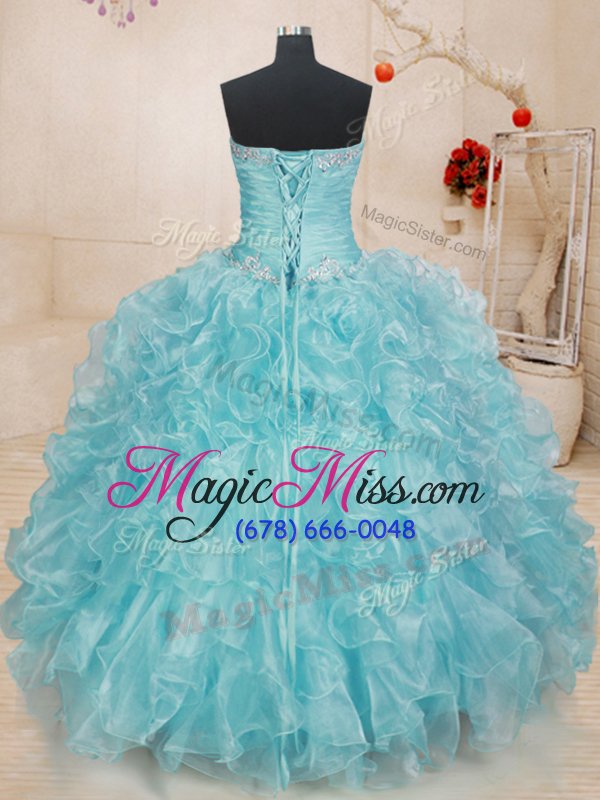 wholesale attractive blue organza lace up quinceanera gowns sleeveless floor length beading and ruffles