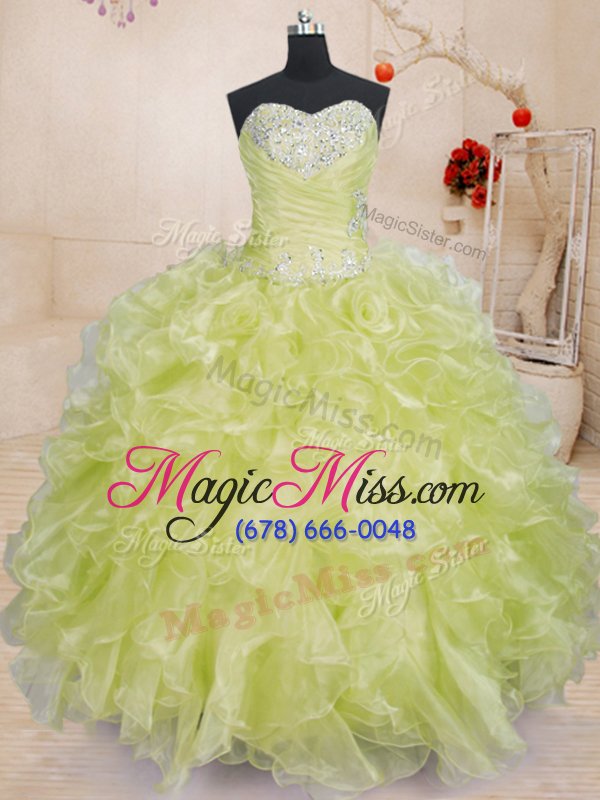 wholesale high end yellow green lace up 15 quinceanera dress beading and ruffles sleeveless floor length