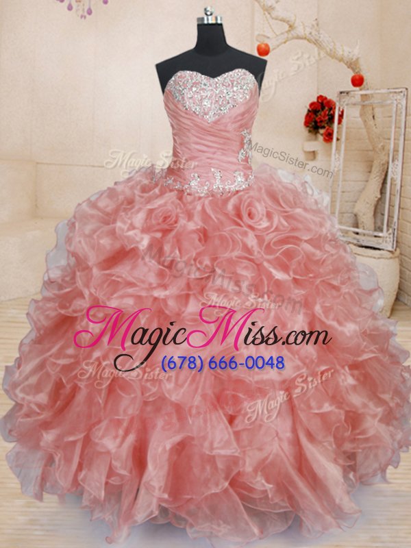 wholesale fashion floor length watermelon red quinceanera dress organza sleeveless beading and ruffles