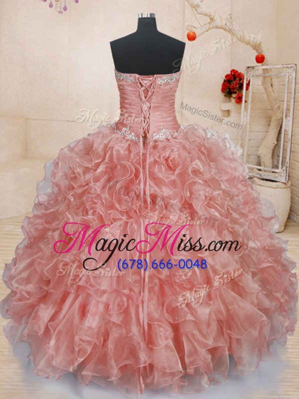 wholesale fashion floor length watermelon red quinceanera dress organza sleeveless beading and ruffles