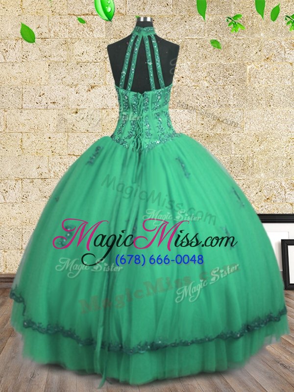 wholesale simple halter top floor length turquoise quinceanera dresses tulle sleeveless beading
