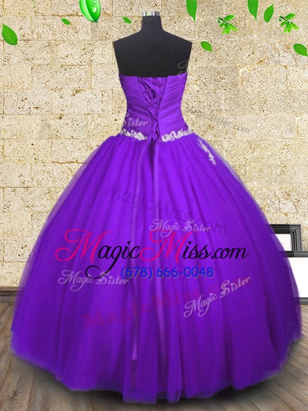 wholesale modern purple ball gowns appliques and ruching quince ball gowns lace up tulle sleeveless floor length
