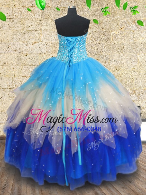 wholesale graceful multi-color tulle lace up ball gown prom dress sleeveless floor length beading and ruffles and ruffled layers