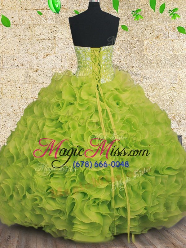 wholesale simple yellow green organza lace up strapless sleeveless floor length quinceanera gowns beading and ruffles