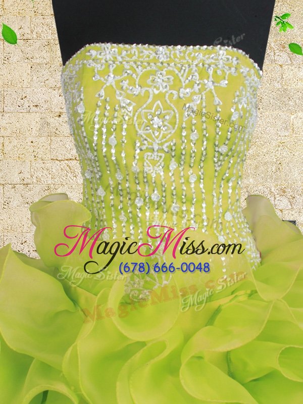 wholesale simple yellow green organza lace up strapless sleeveless floor length quinceanera gowns beading and ruffles