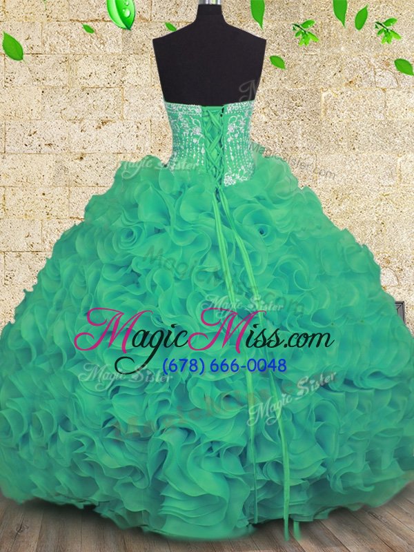 wholesale affordable turquoise ball gowns beading and ruffles quince ball gowns lace up organza sleeveless floor length