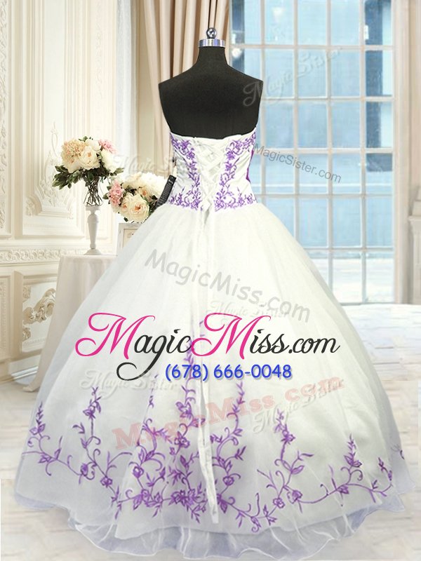 wholesale pretty white and purple sleeveless embroidery and sashes|ribbons floor length 15th birthday dress