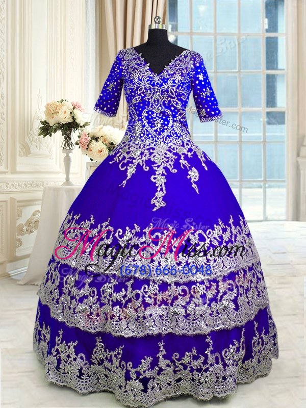 wholesale suitable v-neck half sleeves satin and tulle quinceanera dresses appliques and ruffled layers zipper
