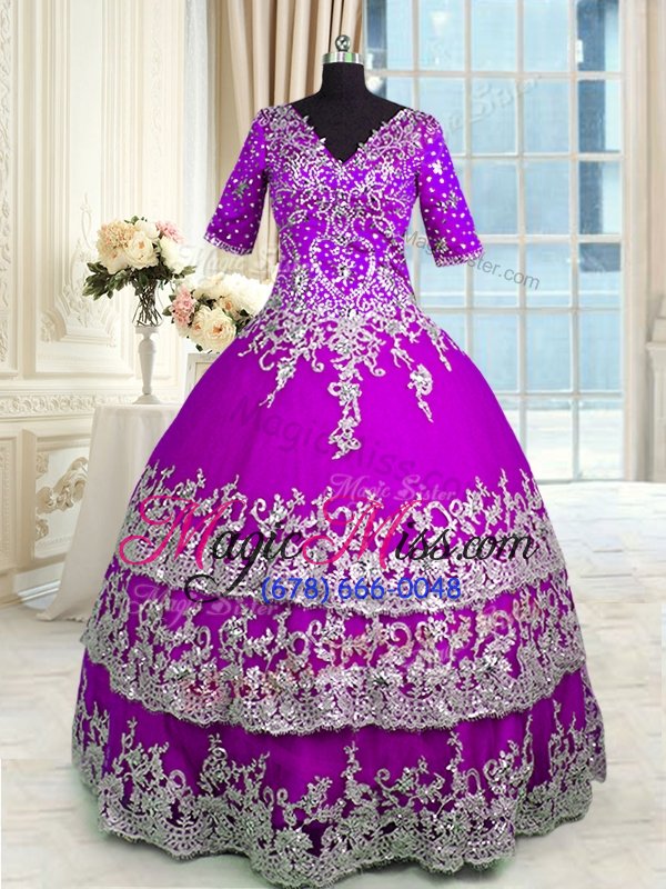 wholesale floor length zipper quinceanera gowns purple and in for military ball and sweet 16 and quinceanera with appliques and ruffled layers