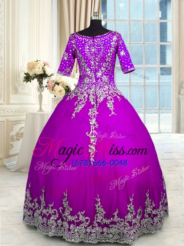 wholesale floor length zipper quinceanera gowns purple and in for military ball and sweet 16 and quinceanera with appliques and ruffled layers