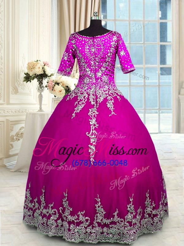 wholesale suitable fuchsia zipper v-neck beading and appliques and ruffled layers 15th birthday dress tulle half sleeves