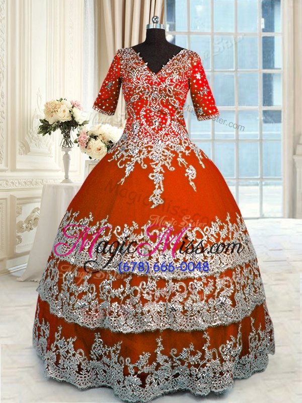 wholesale colorful orange red zipper v-neck beading and appliques and ruffles sweet 16 dress tulle half sleeves