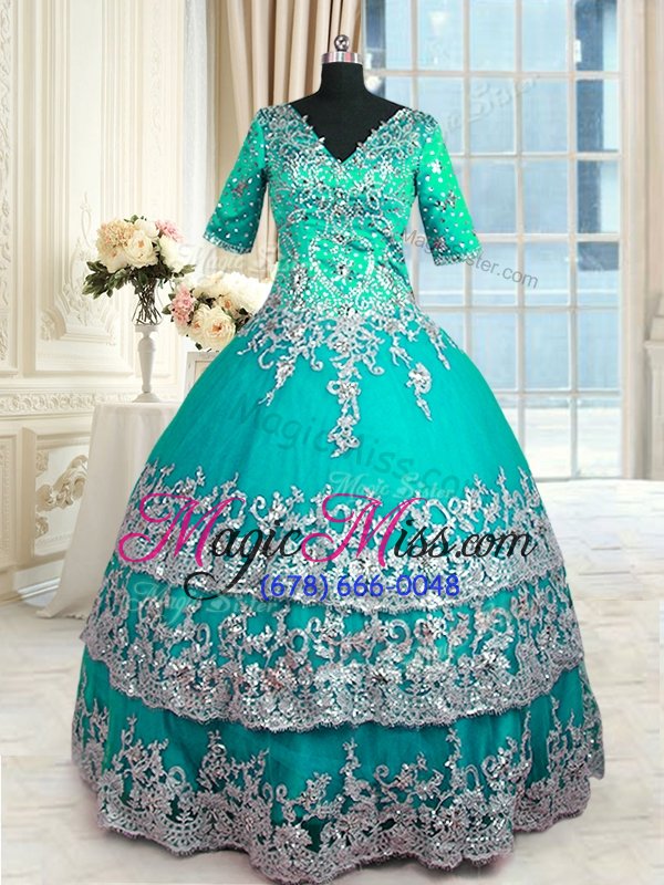 wholesale gorgeous ruffled v-neck half sleeves zipper sweet 16 dress turquoise satin